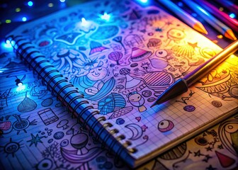 Fototapeta premium Dark academia night school: sketchbooks, notes, homework, and creative writing blossom under the midnight lamp.