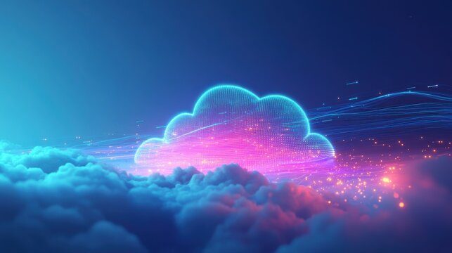 Futuristic abstract representation of cloud computing with glowing data streams in blue and purple