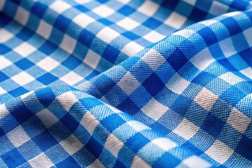 Detailed blue and white gingham textile; high-resolution image reveals intricate check pattern.
