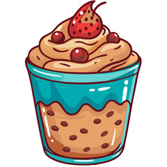  Delicious Dessert Illustration Creamy Topping with Berries in Blue Glass Vector Art