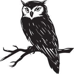 Silhouette of an owl perched on tree branch black and white