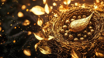 Glimmering Golden Nest with Shimmering Eggs and Captivating Leaves in a Luxurious Setting, Symbolizing Wealth, Prosperity, and Nature's Splendour