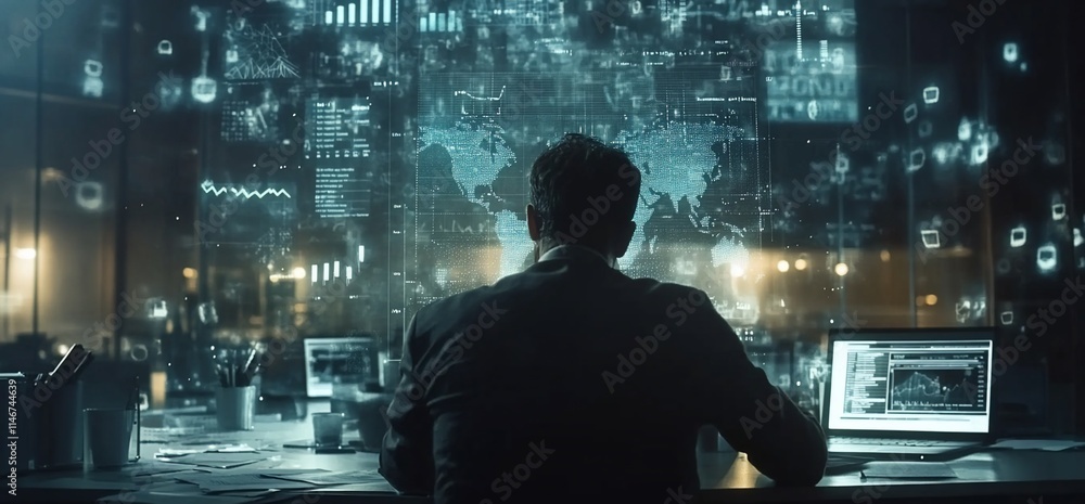 Aufkleber a person analyzing data on screens in a high-tech environment.