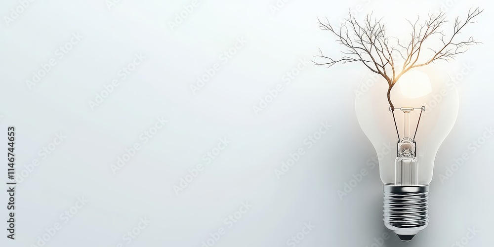 Poster lightbulb ideas brainstorm transformation concept. a light bulb with a tree emerging from it, symbol