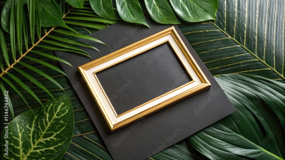 Poster A gold frame resting atop a black surface, surrounded by vibrant green foliage, creating a captivating contrast of colors and textures.