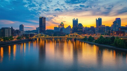 Naklejka premium pittsburgh skyline at sunset with golden bridge reflection