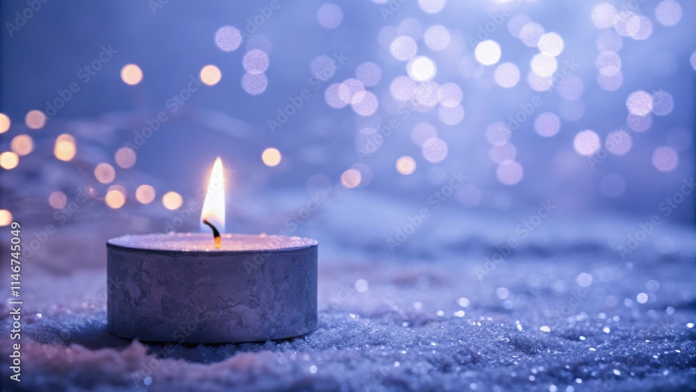 Poster a single candle flame illuminates the wintery scene, casting a warm glow amidst a backdrop of shimme