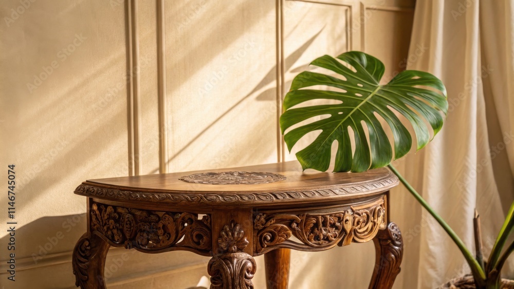 Poster sunlight streams through a window, illuminating a meticulously carved wooden table and a lush green 