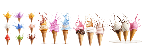  A high-quality image of multiple directions of flying ice cream cones exploding with a splash, each with distinct toppings and dynamic splash effects.