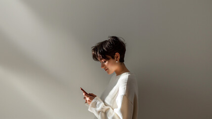A profile of a young woman, wearing a white cotton jumper, short hair, subtle smile, looking at her mobile phone, blank wall, studio lighting, spotlight, no shadows, studio environment, clean white ba