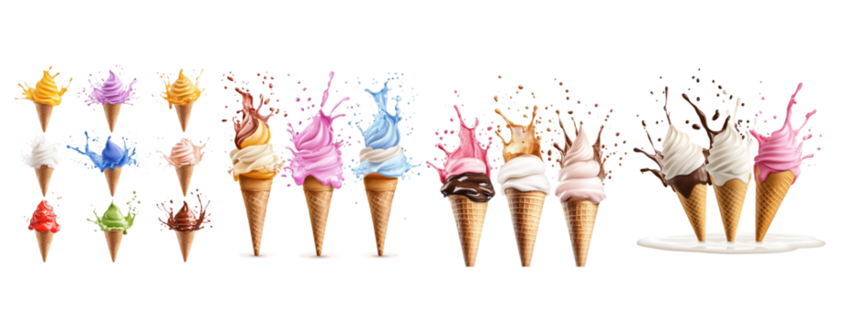  A high-quality image of multiple directions of flying ice cream cones exploding with a splash, each with distinct toppings and dynamic splash effects.