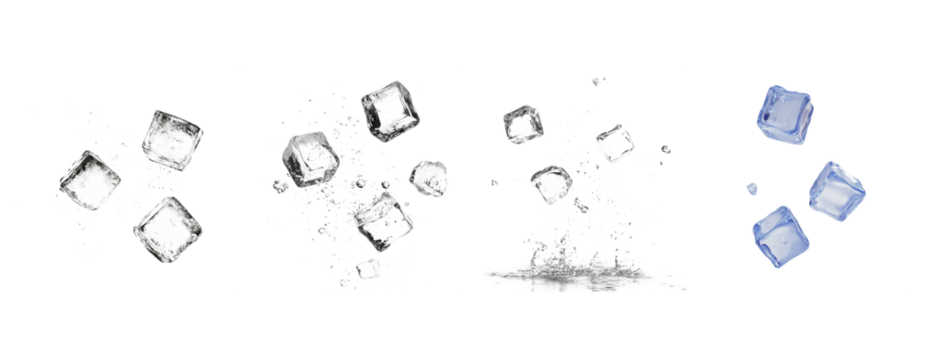 A high-quality image of multiple and different directions of flying ice cubes splashing in water. The ice cubes should be scattered across the image, surrounded by dynamic water splashes.