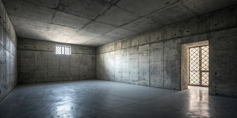 A minimalist concrete room with a single window and a door, showcasing the interplay of light and shadow, creating a sense of both confinement and possibility