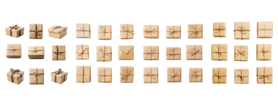 A high-quality photo of various closed cardboard boxes from different angles for shipping and warehouse mockup isolated on a transparent or white background,