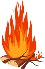 Large bonfire blazing with intense flames against a white background, capturing the essence of camping, evoking warmth, and hinting at the thrill of danger