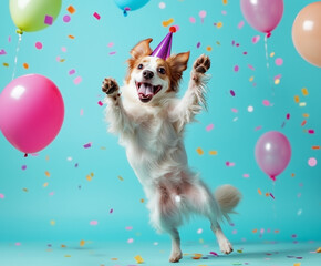 Happy cute dog wearing a party hat celebrating at a birthday party jumping for joy surrounded by falling confetti and balloons.AI
