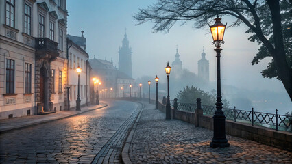 Fototapeta premium Foggy Cityscapes: Atmospheric Urban Scenes with Dense Mist and Ethereal Fog