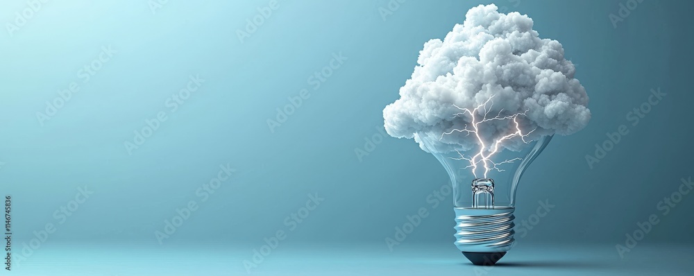 Poster lightbulb ideas brainstorm transformation concept. a lightbulb filled with clouds and lightning, sym