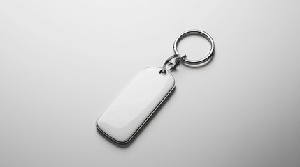 A minimalistic keychain featuring a blank, white tag, perfect for personalization or branding. The sleek design emphasizes elegance and simplicity.