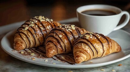Delicious chocolate croissants with almonds and coffee.