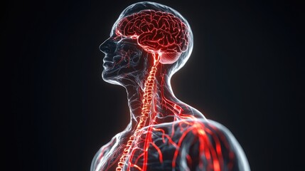 Nervous system, brain and spinal cord highlighted, intricate neuron pathways, 3D illustration