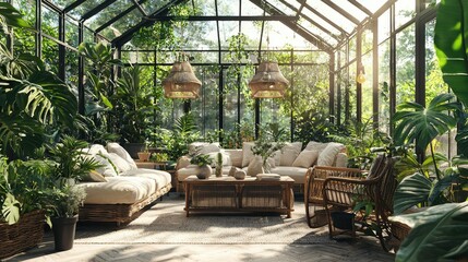Serene Indoor Garden Oasis Featuring Lush Greenery and Cozy Seating in a Bright Sunlit Conservatory for Relaxation and Inspiration