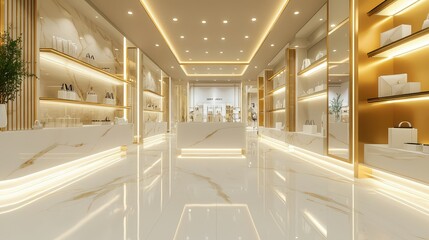 Elegant Modern Retail Store Interior Featuring Polished Marble Floors, Elegant Lighting, and Stylish Displays of Fashion Accessories and Handbags