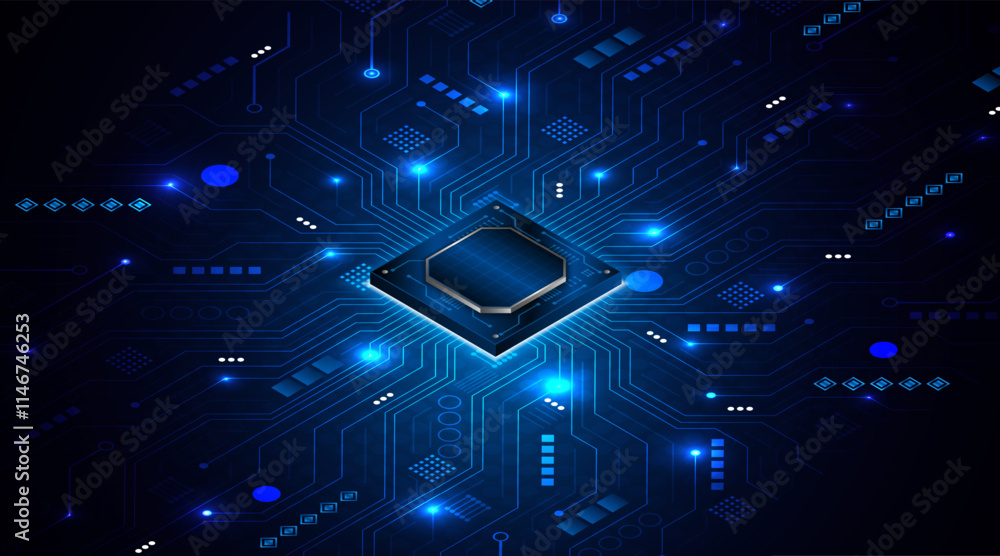 Fototapete Microchip processor circuit board technology on dark blue background. Information Processing Concept. Circuit board hi-tech technology background. vector illustration	