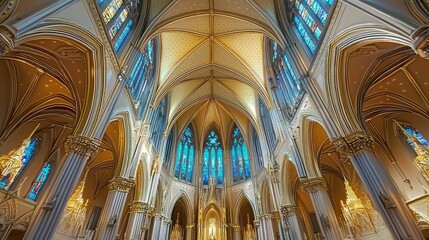 Stunning Interior of a Historic Cathedral Showcasing Exquisite Architecture, Colorful Stained Glass Windows, and Grand Vaulted Ceilings in a Religious Setting
