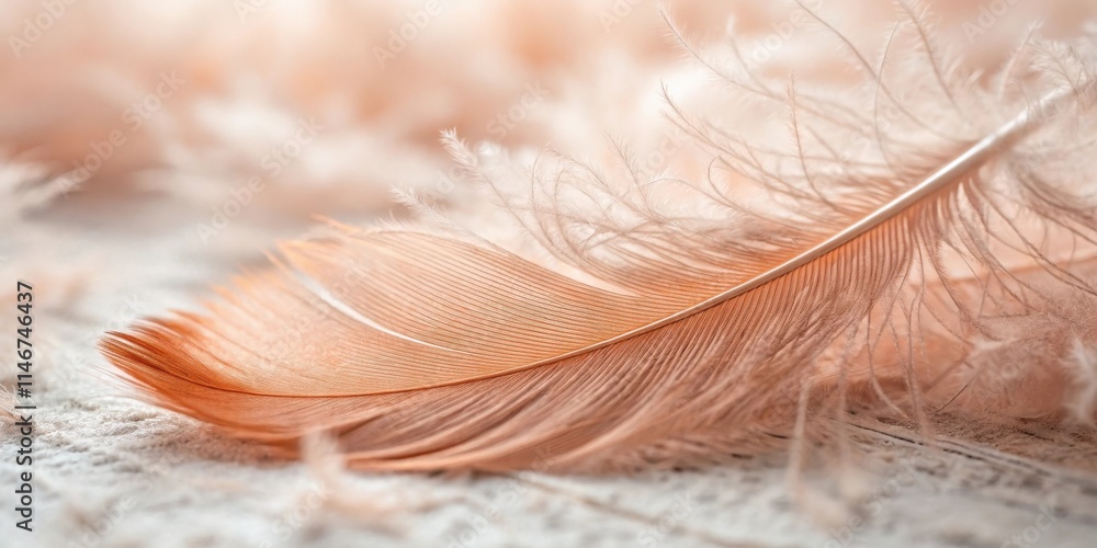Poster A single soft peach feather rests on a light, fluffy background, showcasing its delicate structure and intricate details.