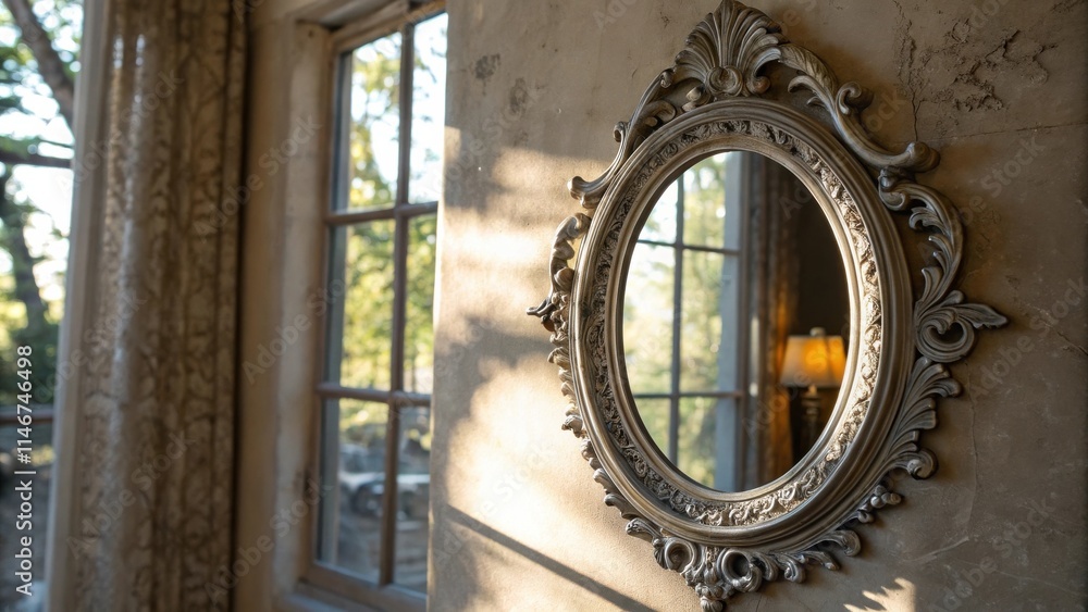 Poster an ornate oval mirror with a silver-toned frame hangs on a wall illuminated by sunlight, reflecting 