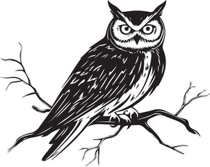 Silhouette of an owl perched on tree branch black and white