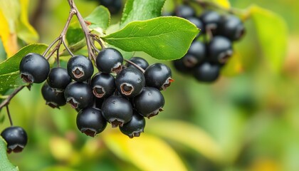 Aronia Berries Grown In The Garden: Branch Laden With Aronia Berries From The Aronia Melanocarpa Plant, Also Known As Black Chokeberry.