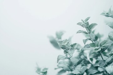 Soft, muted teal-toned mint plant leaves against a white background.