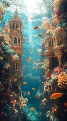 Fototapeta premium Underwater city made of corals and shells, with colorful fish swimming between buildings. Sunlight filters through, casting sparkling patterns, creating sense of calm. Ideal for nature-focused design.