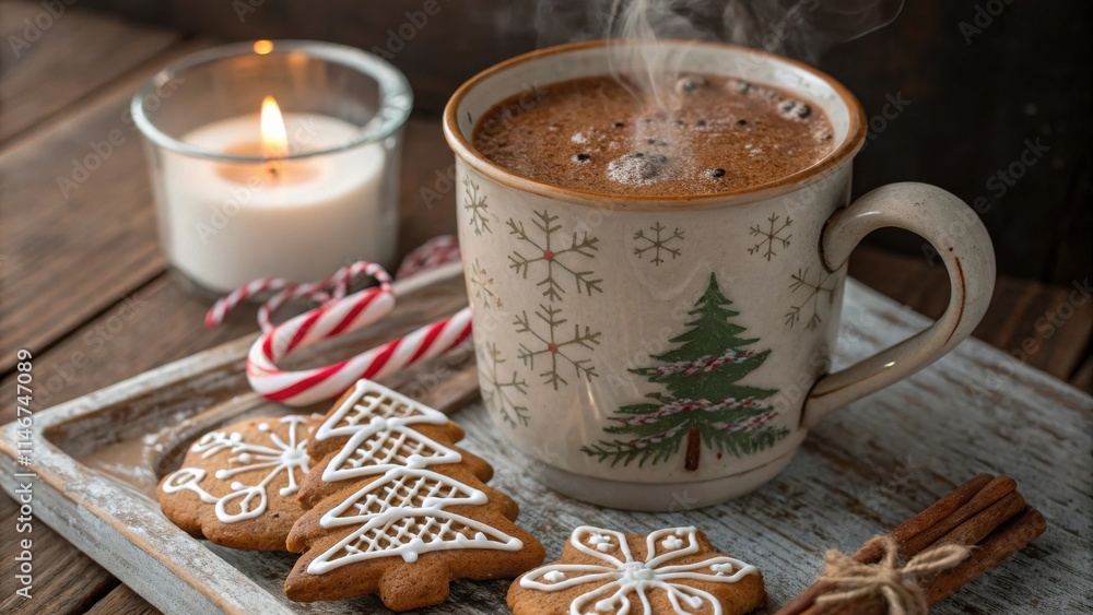 Poster a steaming mug of hot cocoa decorated with snowflakes and a christmas tree, adorned with gingerbread