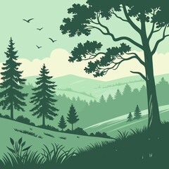 Beautiful landscape. Green summer forest clearing with grass and trees against the backdrop of a mixed forest of pine trees, hills, birds in the blue sky and clouds. Vector illustration for design.