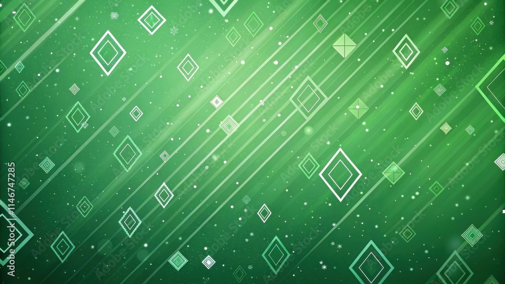 Poster abstract green background with scattered geometric shapes and a subtle glow effect