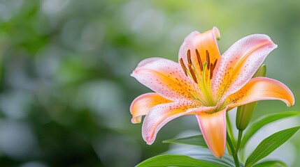 Fototapeta premium Close-up of a peach and white lily flower with blurred green background.