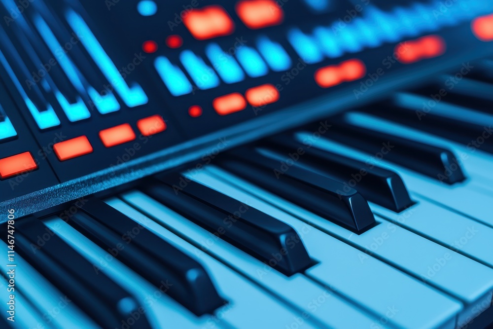 Poster voice modulation dynamics concept. close-up of a synthesizer keyboard with blue and red lights.