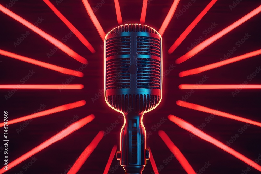 Poster voice modulation dynamics concept. vibrant retro microphone with dynamic lighting effects in the bac