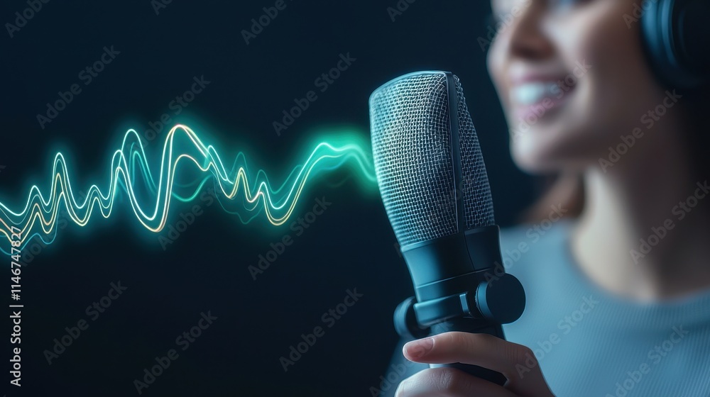 Poster voice modulation dynamics concept. a woman with a microphone and sound wave visualization, capturing