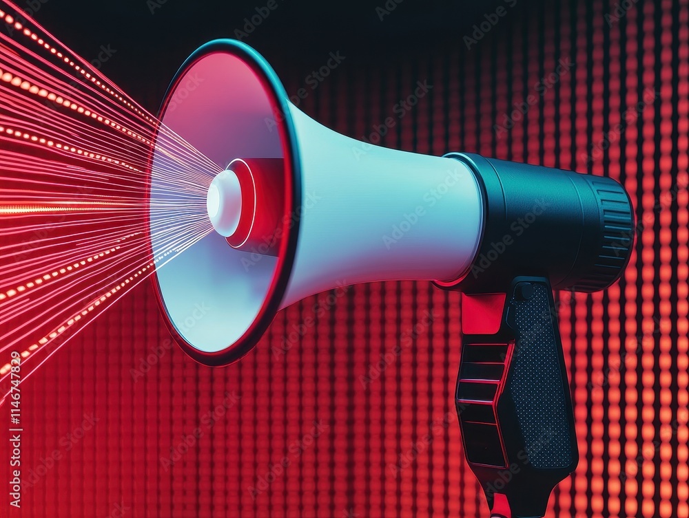 Poster voice modulation dynamics concept. loudspeaker emitting vibrant red light rays against a digital bac