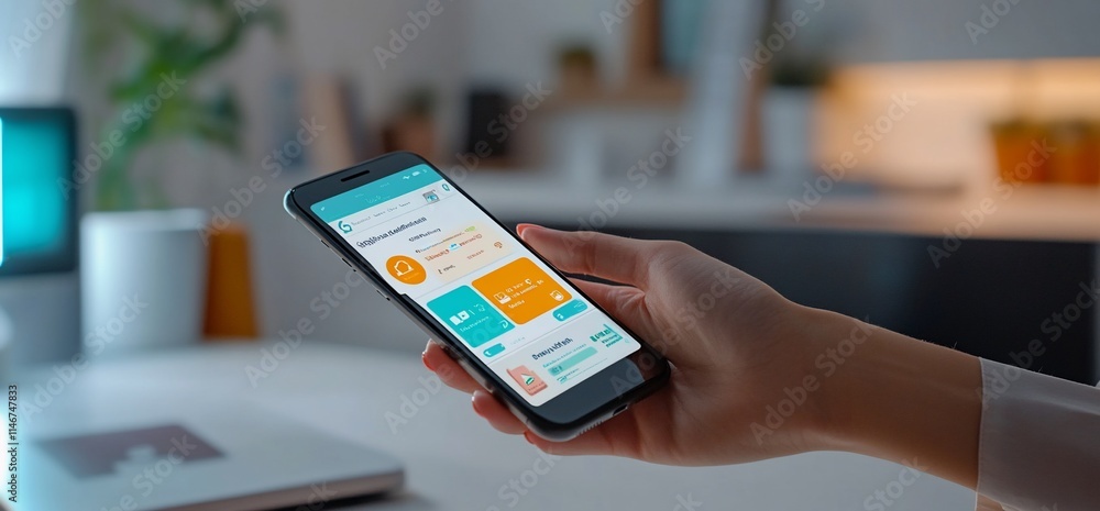 Poster a person holding a smartphone displaying an app interface.