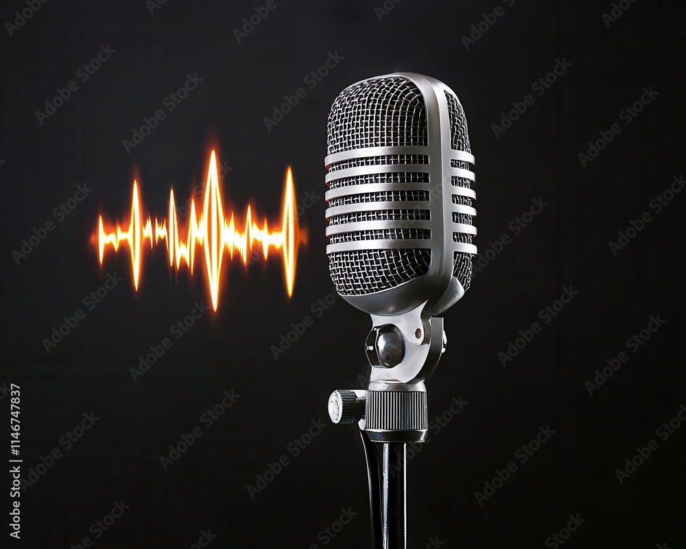 Poster voice modulation dynamics concept. vintage microphone with sound wave graphic on a dark background.