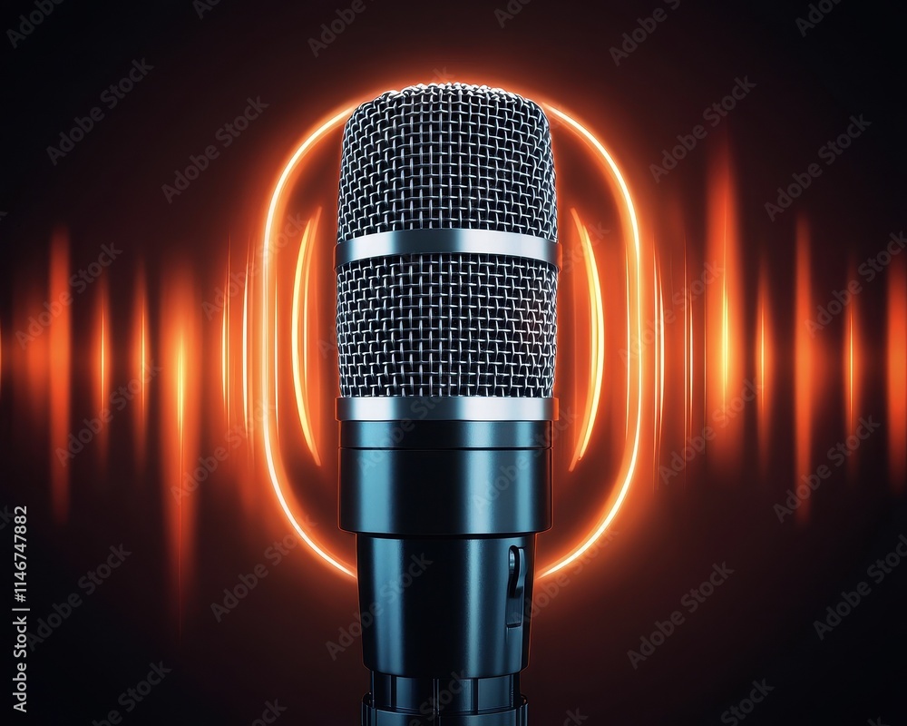 Poster voice modulation dynamics concept. microphone with sound waves and glowing circular background, symb