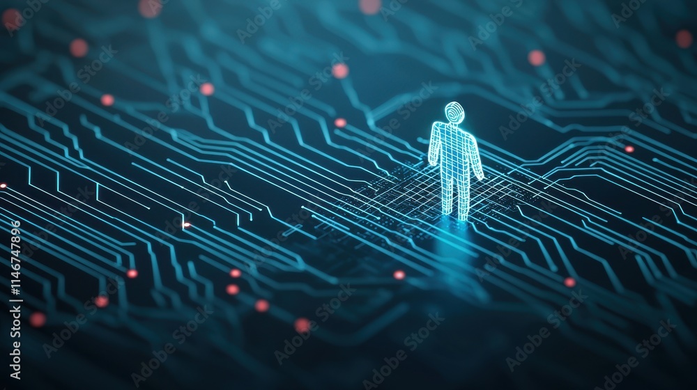Poster voice modulation dynamics concept. a digital figure stands on a circuit board, symbolizing technolog