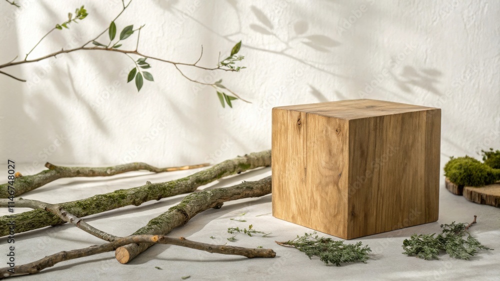 Aufkleber A Simple Wooden Cube Displayed on a Natural Fabric Surface with Branches and Greenery