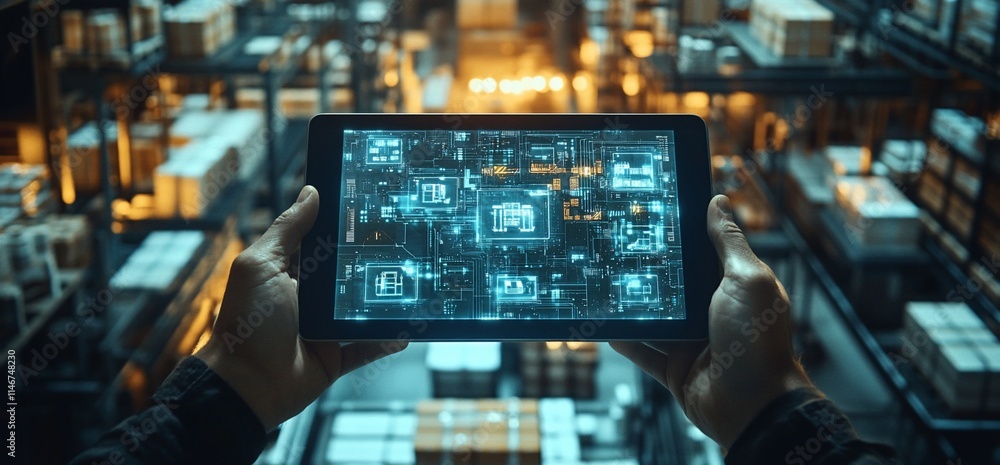 Poster a person holding a tablet displaying digital data in a warehouse setting.