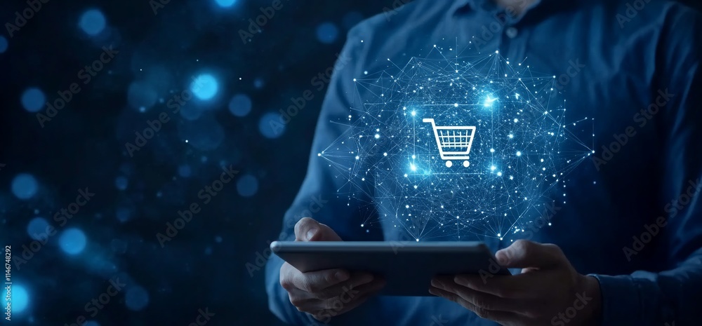 Poster a person holding a tablet with a digital shopping cart icon in a tech setting.